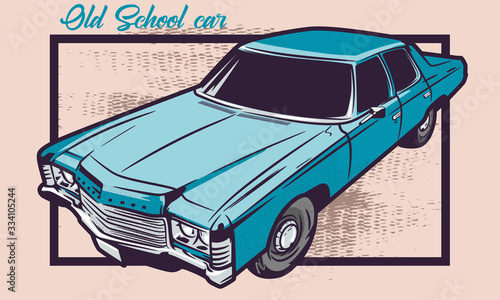Machine perspective view in vintage style and the inscription "Old school cars".Old car. Road dust. American powerful car.Classic blue car.Enraged Beast of Roads