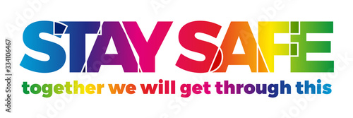 The word Stay Home, save you by coronavirus. Vector banner with the text colored rainbow.