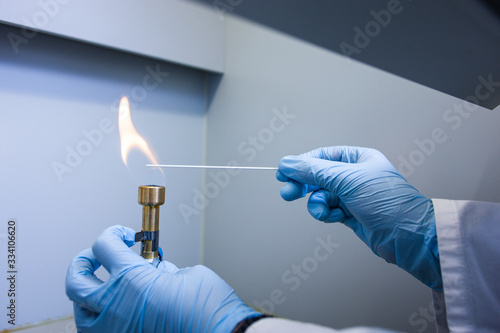 Eine Person hält ein Stäbchen über eine Flamme eines Bunsenbrenners photo