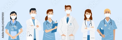 Frontline heroes, Illustration of doctors and nurses characters wearing masks. Vector