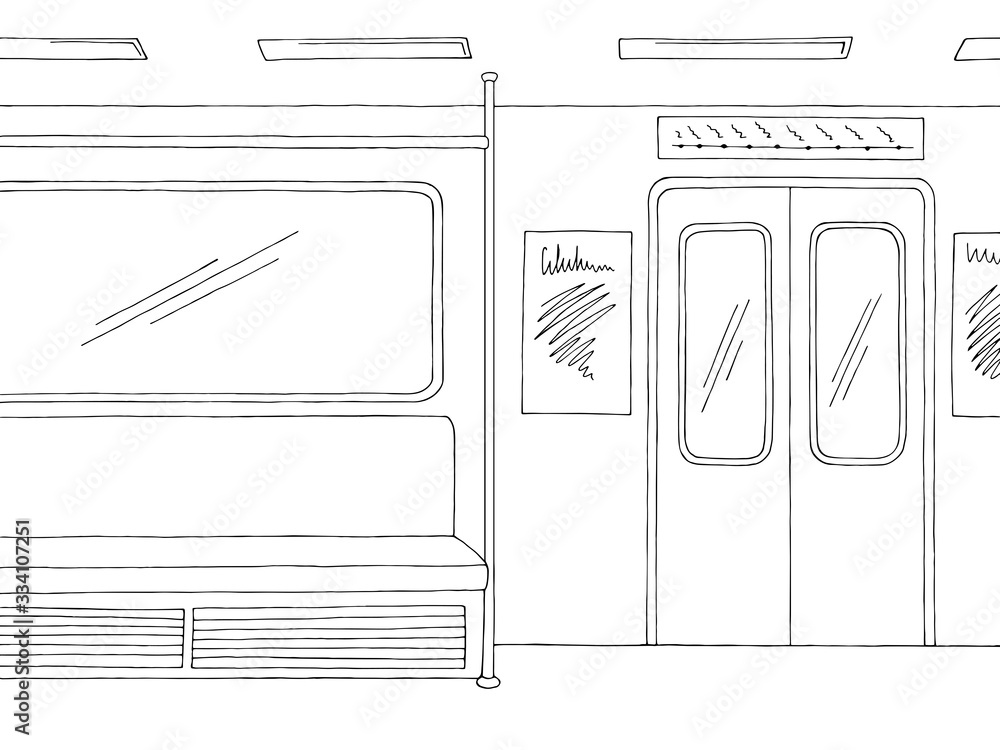 Train interior graphic metro subway black white sketch illustration vector Stock Vector Adobe