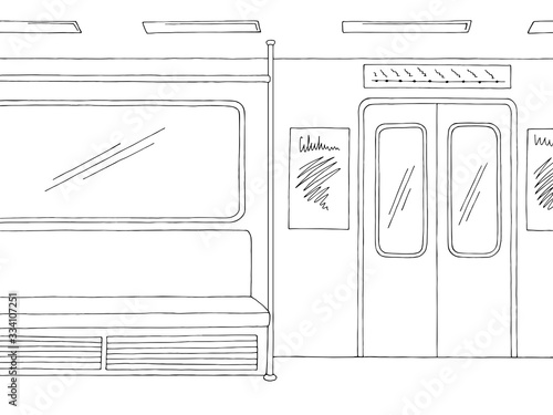 Train interior graphic metro subway black white sketch illustration vector