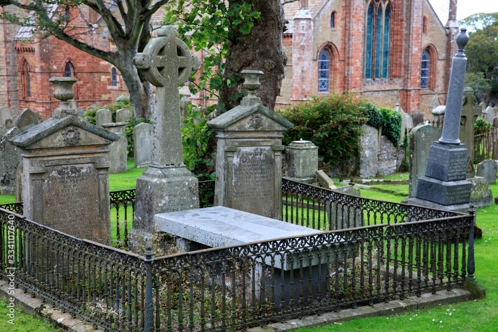 Kirkwall - Orkney (Scotland), UK - August 06, 2018: The cemetery at Saint Magnus cathedral in Kirkwall, Orkney, Scotland, Highlands, United Kingdom