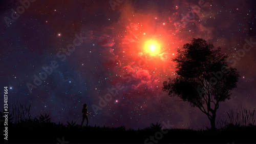 Silhouette young girl running on land with tree and colorful nebula . Digital painting  Elements furnished by NASA. 3D rendering