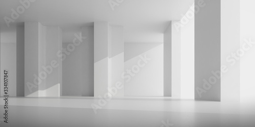 Abstract of concrete space with sun light cast the shadow on the wall ,Geometric structure, Museum space,Perspective of brutalism architecture,3d rendering.