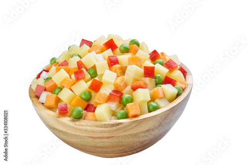 potato, pepper,  peas, carrot in bowl cutted