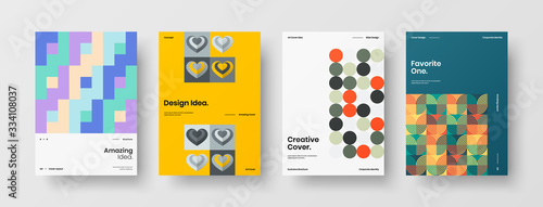 Business presentation vector A4 vertical orientation front page mock up set. Corporate report cover abstract geometric illustration design layout bundle. Company identity brochure template collection.