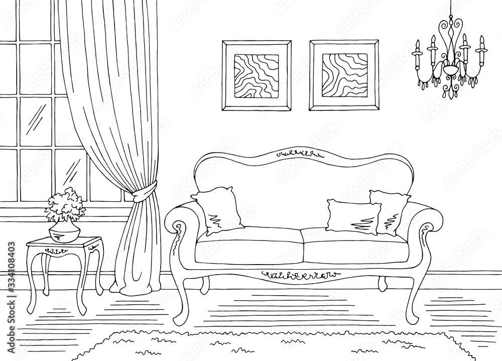 Living room graphic black white classic home interior sketch illustration vector - obrazy, fototapety, plakaty 