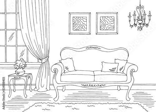 Living room graphic black white classic home interior sketch illustration vector