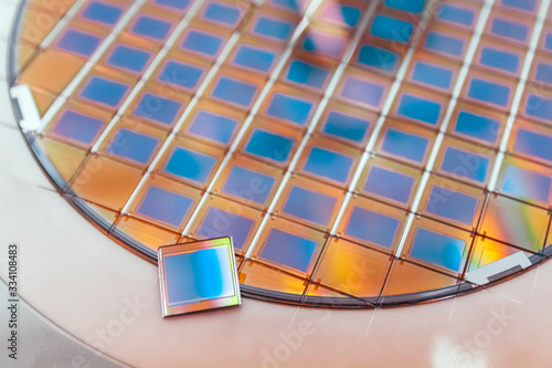 Silicon wafer with microchips fixed in a holder with a steel frame after the dicing process and separate microchips.