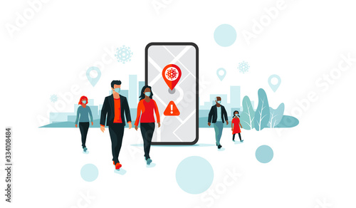 Smartphone health virus tracking location app with people wearing protection face mask to prevent coronavirus, disease, flu, air pollution. Old man young woman person walking. City illustration.