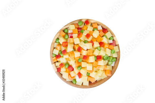 potato, pepper,  peas, carrot in bowl cutted