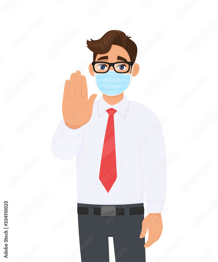 Young business man wearing face medical mask and showing stop hand sign. Trendy person covering surgical mask and gesturing halt, quit symbol. Male character cartoon design illustration in vector.