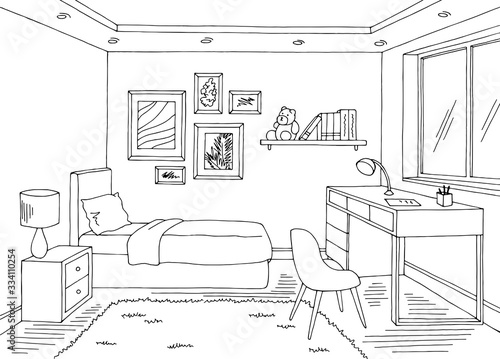 Children room graphic black white home interior sketch illustration vector