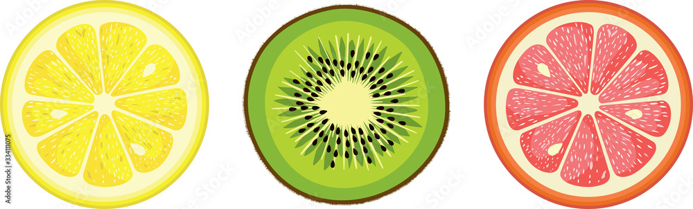 Set of kiwi and citrus round slices - obrazy, fototapety, plakaty 