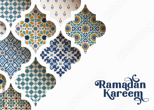 Close-up of colorful ornamental arabic tiles, patterns through white mosque window. Greeting card, invitation for Muslim holiday Ramadan Kareem. Vector illustration bacground, modern web banner. photo