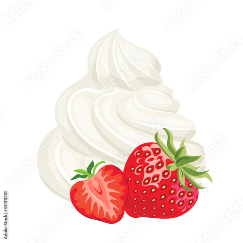 Strawberry with whipped cream isolated on white background. Vector illustration of delicious sweet dessert with red berries in cartoon flat style. Food icon.