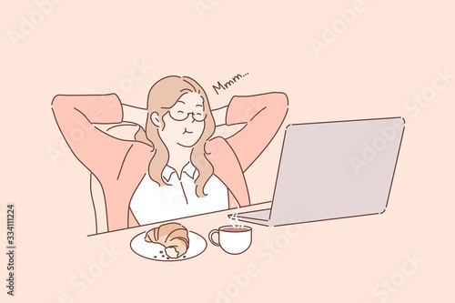 Lunch break, work rest, freelance, business concept. Young businesswoman or girl freelancer drinks coffee and croissant near laptop on workplace. Office unch break. Rest at work. Simple flat vector. photo