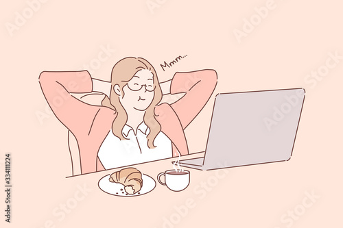Lunch break, work rest, freelance, business concept. Young businesswoman or girl freelancer drinks coffee and croissant near laptop on workplace. Office unch break. Rest at work. Simple flat vector.