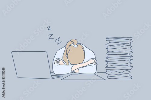 Overworking, sleep, office, fatigue, stress, business concept. Tired exhausted businesswoman clerk manager sleeps on workplace near pile of documents and laptop at office. Overworking, stress at work.