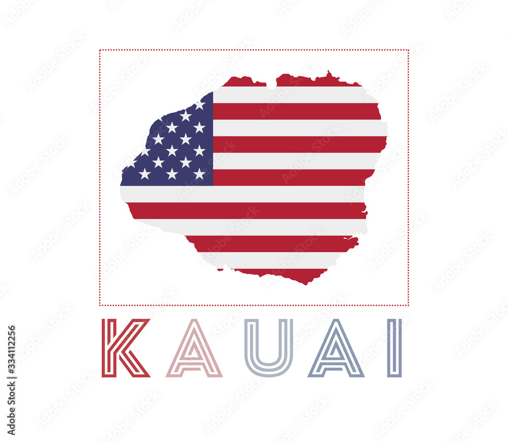 Kauai Logo. Map of Kauai with island name and flag. Elegant vector