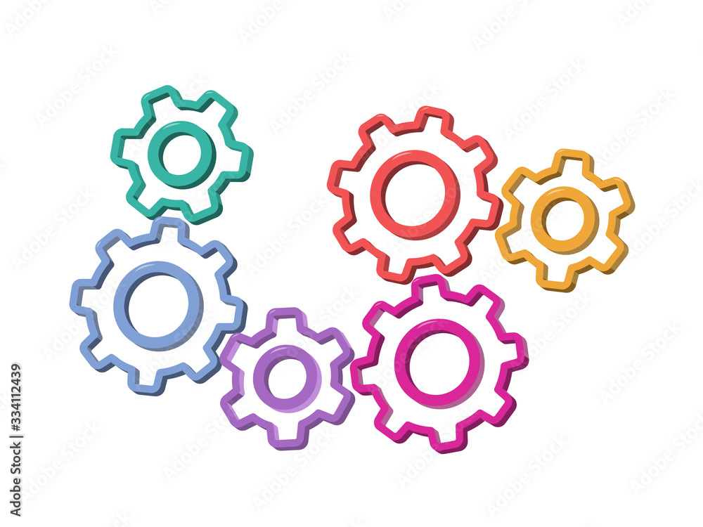 Colorful 3D cogwheels, gear. Symbolizing interaction, collaboration and machinery. 