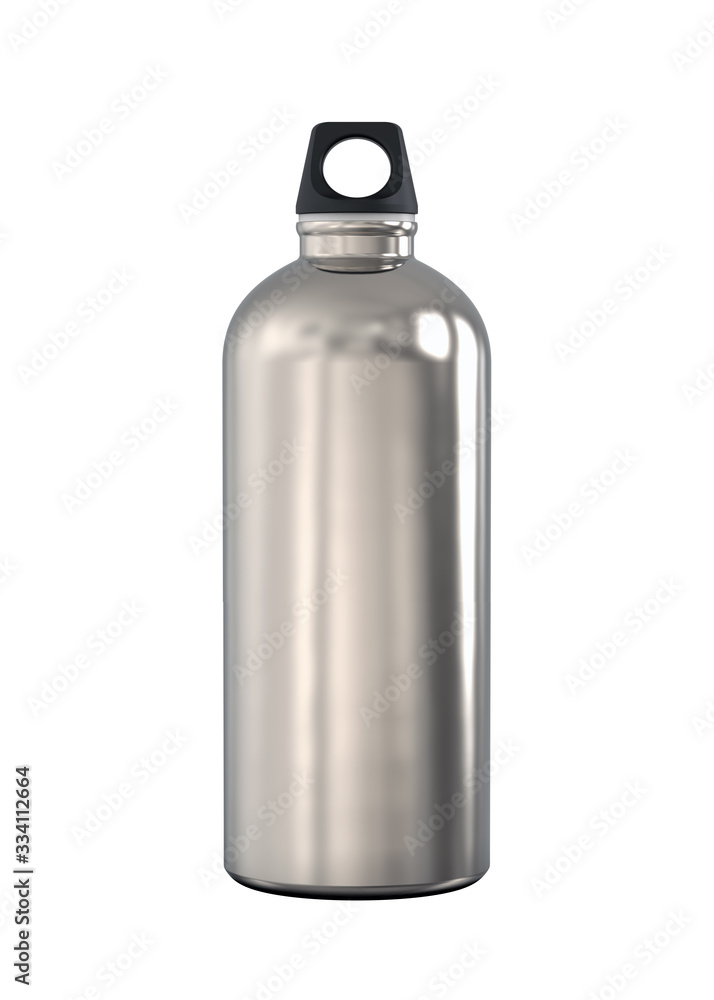 Aluminum Alloy or Titanium Metal Hiking or Cycling Sports Water Bottle with Black Bung for Carabiner. 3D Render Isolated on White Background. Aluminum Alloy or Titanium Metal Hiking or Cycling Sports Water Bottle with Black Bung for Carabiner. 3D Render Isolated on White Background.