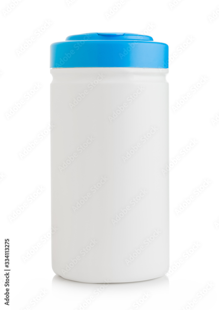 Plastic container of wipes for rapid disinfection of hand surface and equipment on white background. Plastic container of wipes for rapid disinfection of hand surface and equipment on white background.