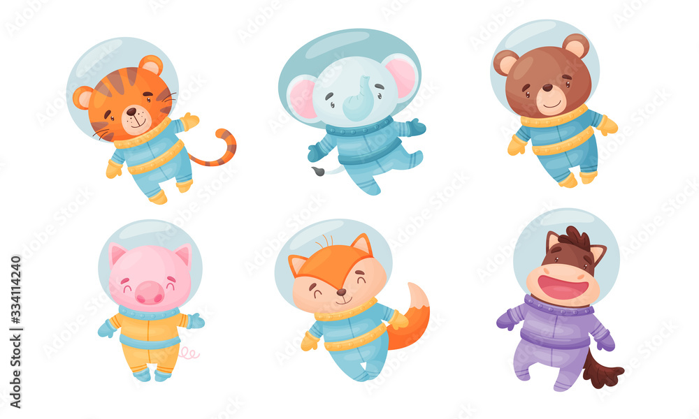 Funny Animals Wearing Astronaut Costumes or Spacesuit in Floating Pose Vector Set Funny Animals Wearing Astronaut Costumes or Spacesuit in Floating Pose Vector Set
