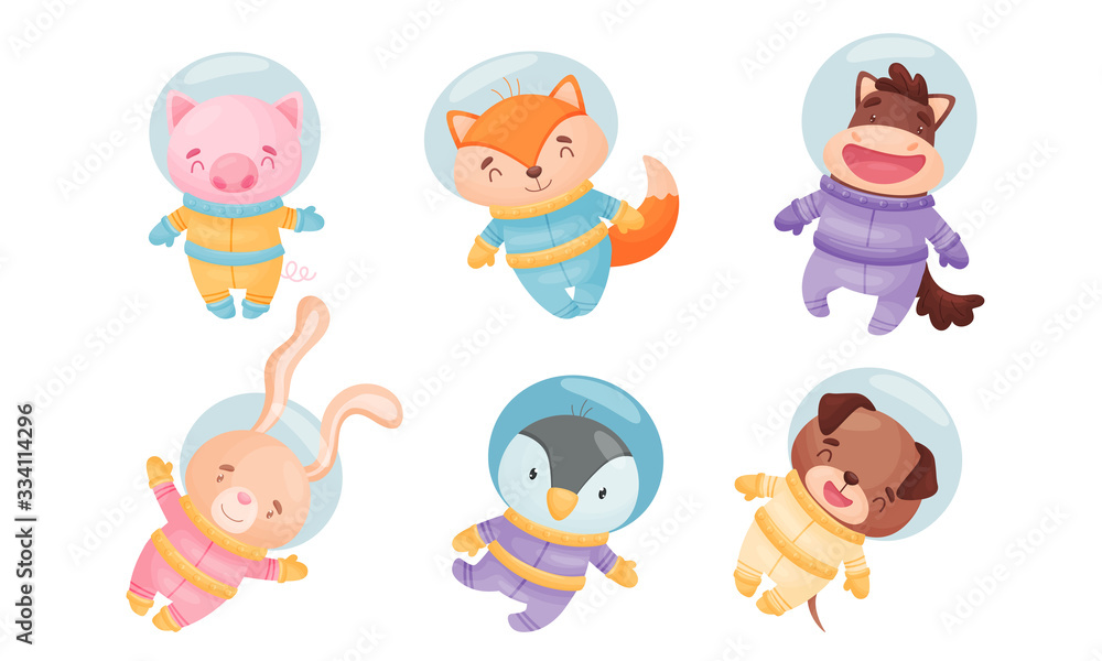 Funny Animals Wearing Astronaut Costumes or Spacesuit in Floating Pose Vector Set Funny Animals Wearing Astronaut Costumes or Spacesuit in Floating Pose Vector Set