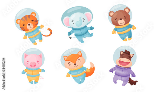 Funny Animals Wearing Astronaut Costumes or Spacesuit in Floating Pose Vector Set