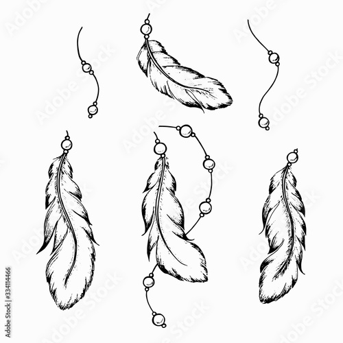 Set of bird feathers and beads on threads ink hand drawn. Elegant black outline quills for banners, cards, social networks template. Stock vector elements isolated on transparent background.