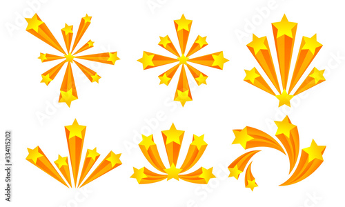 Star Fireworks or Salute Explosion with Flaring Sparkles Vector Set