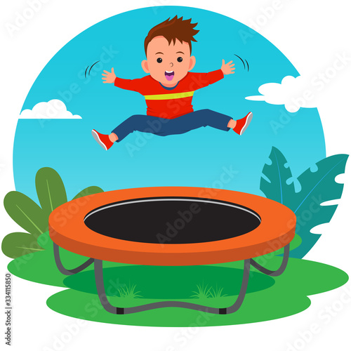 cartoon happy boy jumping on trampoline