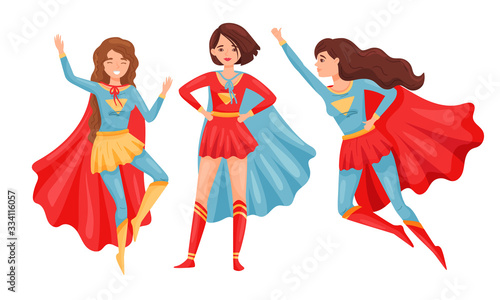 Women Superheros Wearing Cloak and Posing Vector Set