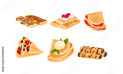 Rolled Crepes or Blinis with Jam and Chocolate Stuffing Vector Set