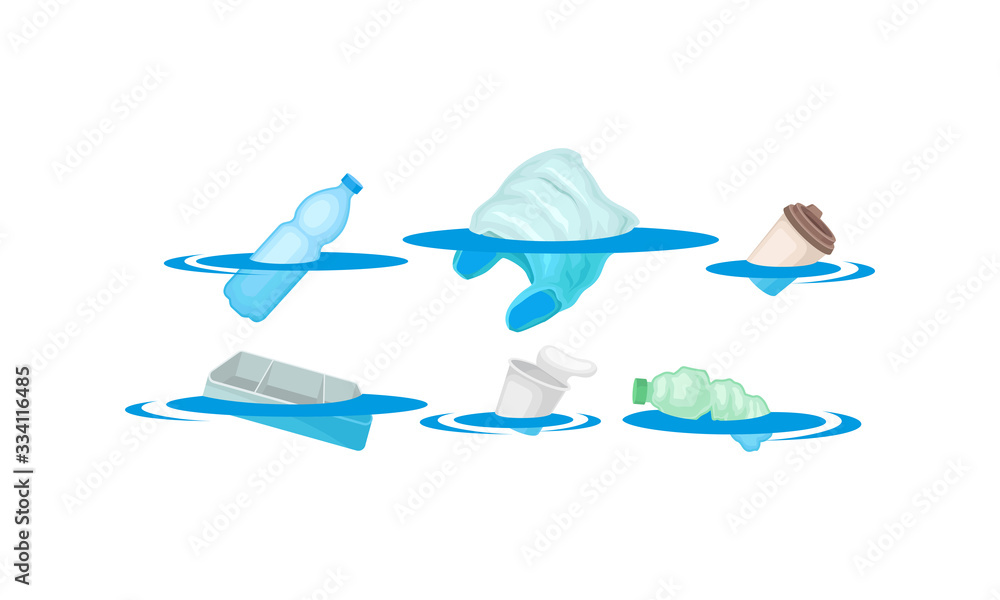 Obraz premium Plastic Bottles and Bags Floating in the Ocean Vector Set