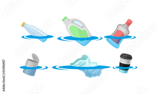 Plastic Bottles and Cans Floating in the Ocean Vector Set