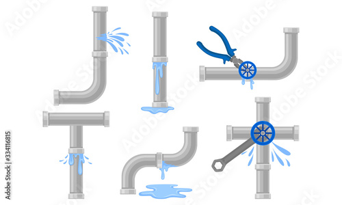 Damaged Pipe Fitting or Adapters with Valves Isolated on White Background Vector Set
