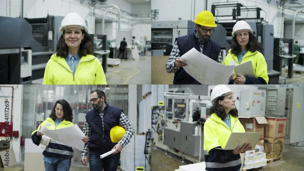Collage of confident mature operators working at factory. Multiscreen montage, split screen collage. Print manufacturing concept Collage of confident mature operators working at factory. Multiscreen montage, split screen collage. Print manufacturing concept