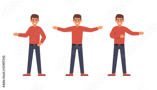 Caucasian handsome man in casual clothes with different hands poses. Male cartoon character with open arms. Vector illustration in cartoon style.
