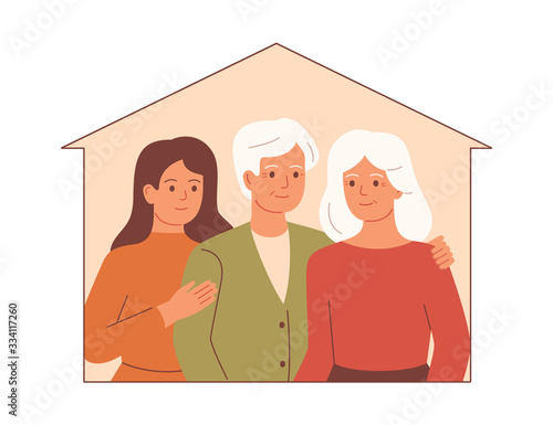 Elderly parents with young adult daughter embrace each other in their own house. Family stay at home in quarantine. Preventive measures to prevent the spread of coronavirus. Vector illustration