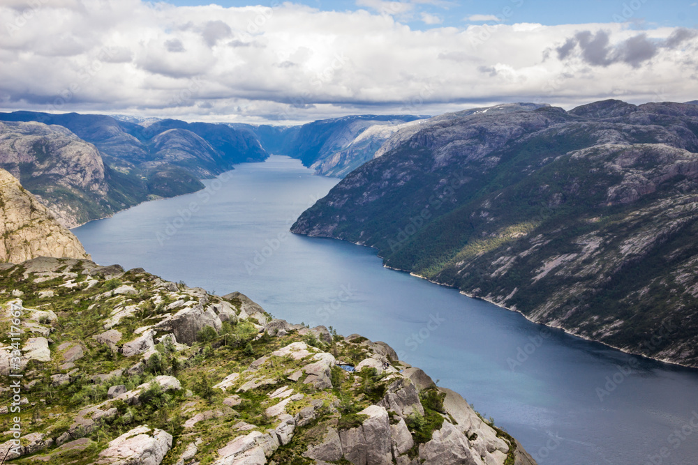 view of the fjord and mountains from the Preikestolen viewpoint in Norway