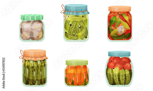 Glass Jars with Pickled Products Like Cucumber and Asparagus Vector Set