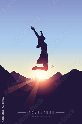 happy girl with raised arms jumps at purple mountain landscape vector illustration EPS10