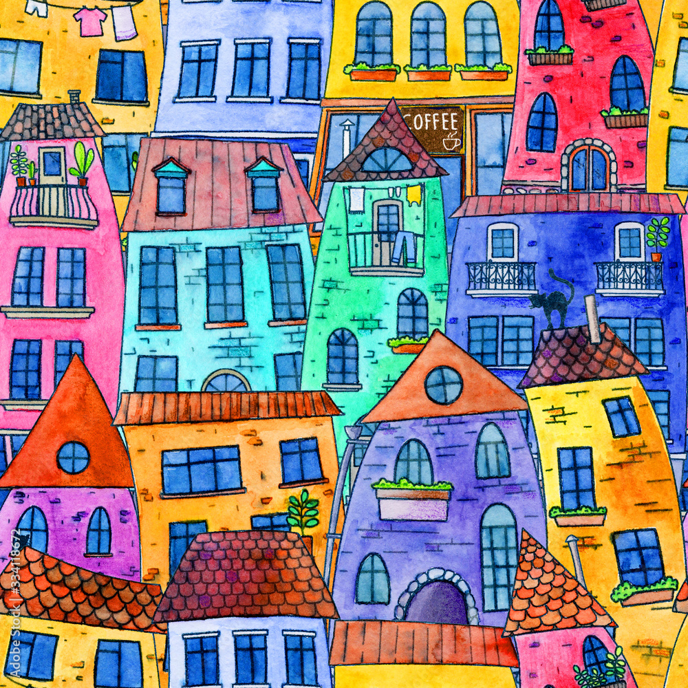 Seamless pattern with bright watercolor houses. Illustration