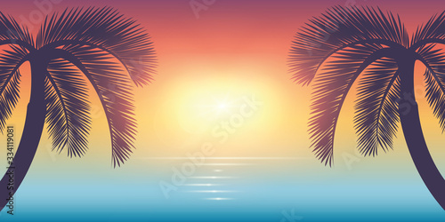 Fototapeta Naklejka Na Ścianę i Meble -  romantic sunset on palm beach summer holiday design vector illustration EPS10
