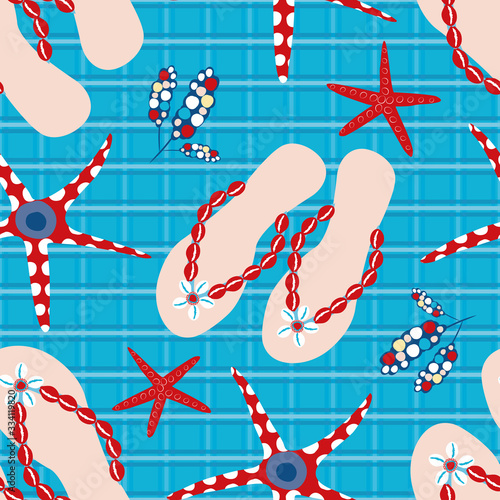 Flip flop shoe seamless vector pattern background. Stylish sandals, starfish beach backdrop. Red, pink,, blue design on plaid. Hot summer all over print for oceanside vacation, seaside resort concept