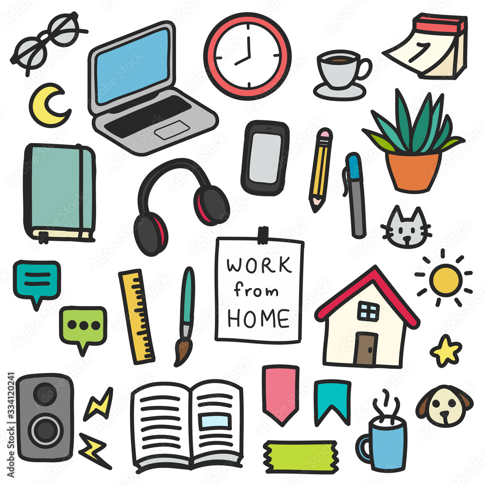 Set of cute cartoon work from home doodle icons