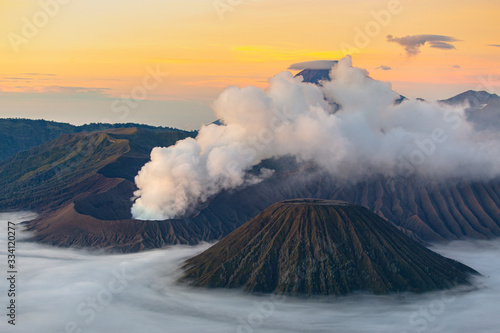 Mount Bromo volcano during sunrise from viewpoint on Mount Penanjakan, in East Java, Indonesia.
